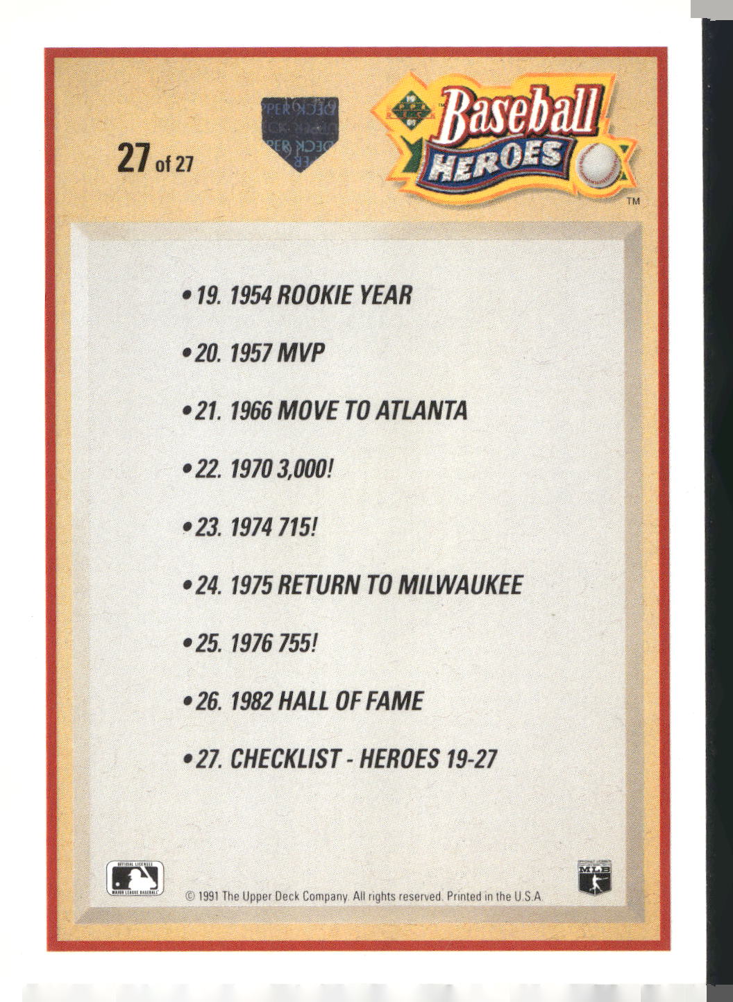 1991 Upper Deck #27 Hank Aaron Baseball Heroes: Hank Aaron