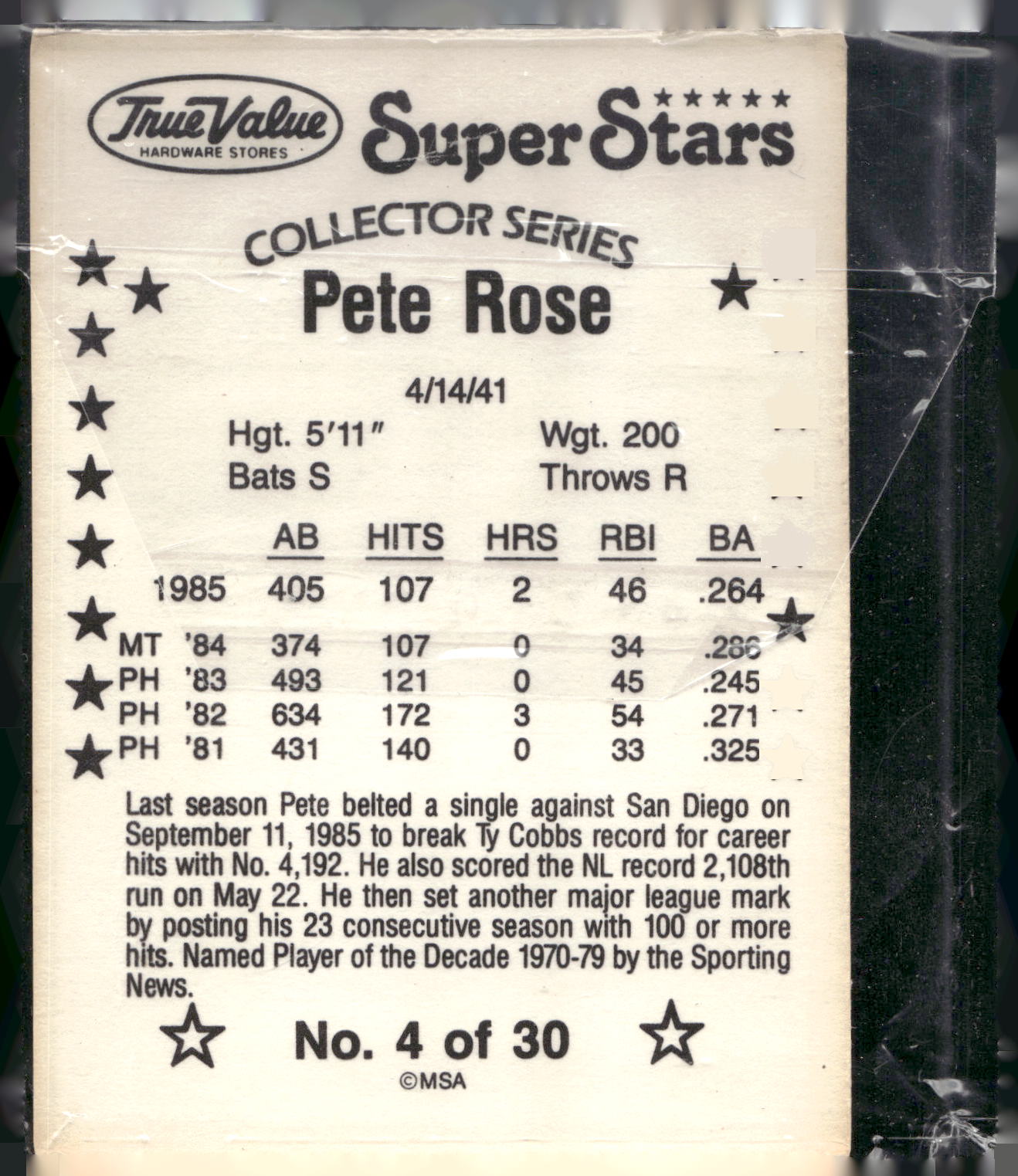 1986 True Value #4 Pete Rose