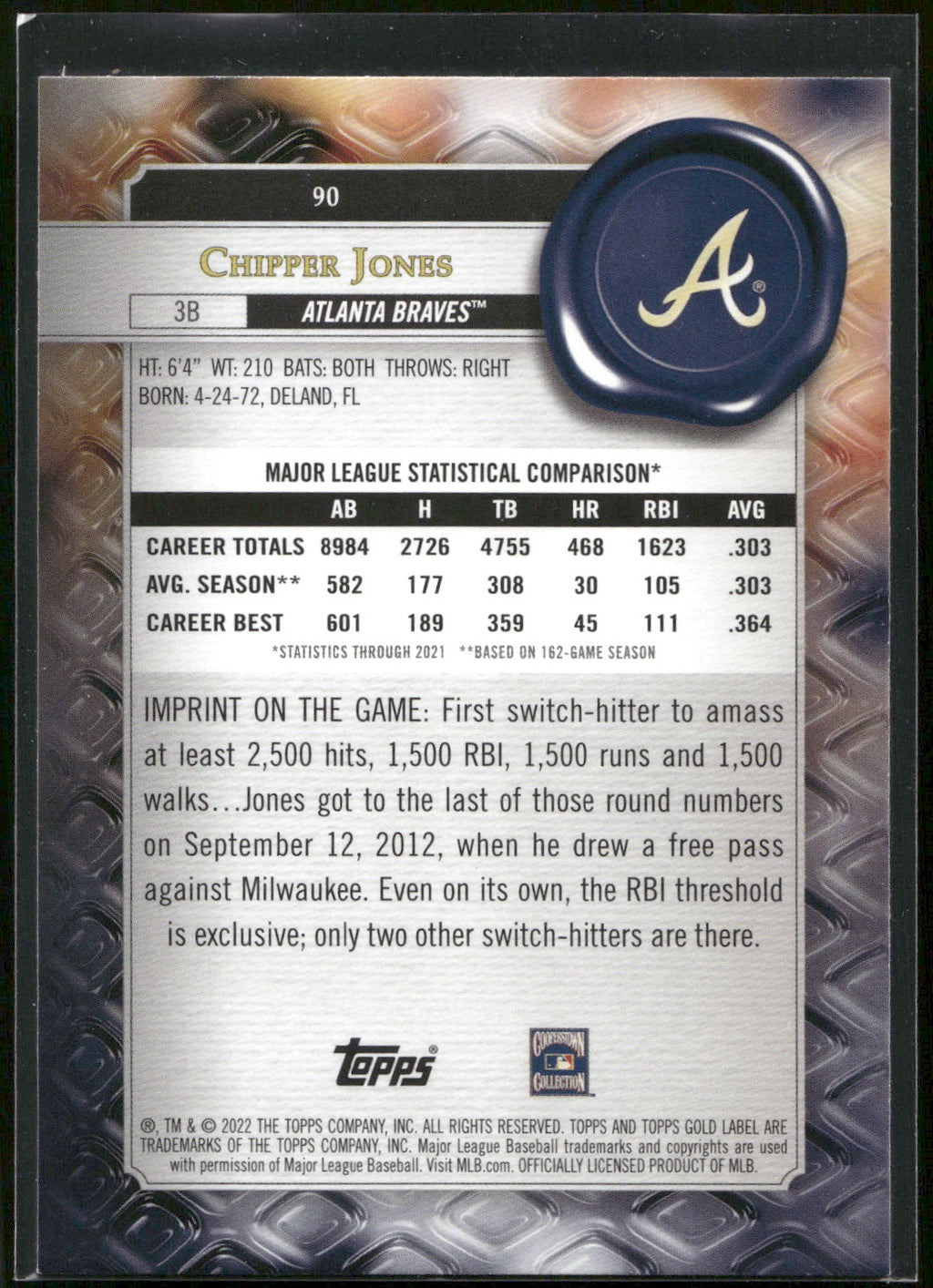 2022 Topps Gold Label #90 Chipper Jones