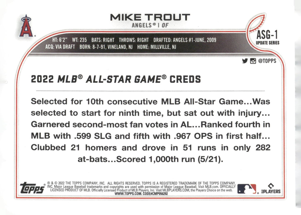 2022 Topps Update #ASG-1 Mike Trout 2022 MLB All-Star Game