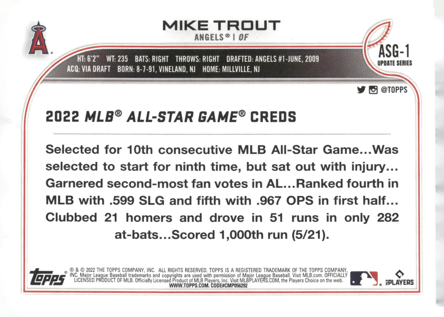 2022 Topps Update #ASG-1 Mike Trout 2022 MLB All-Star Game