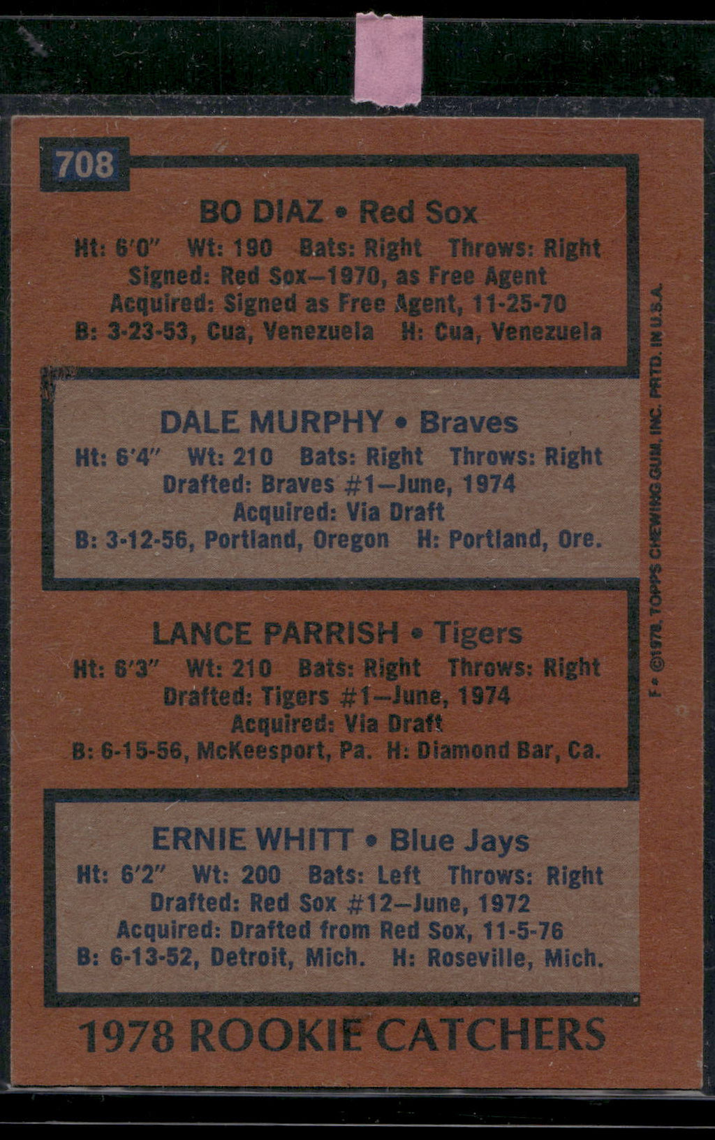 1978 Topps #708 Rookie Catchers Diaz Dale Murphy Lance Parrish Ernie Whitt