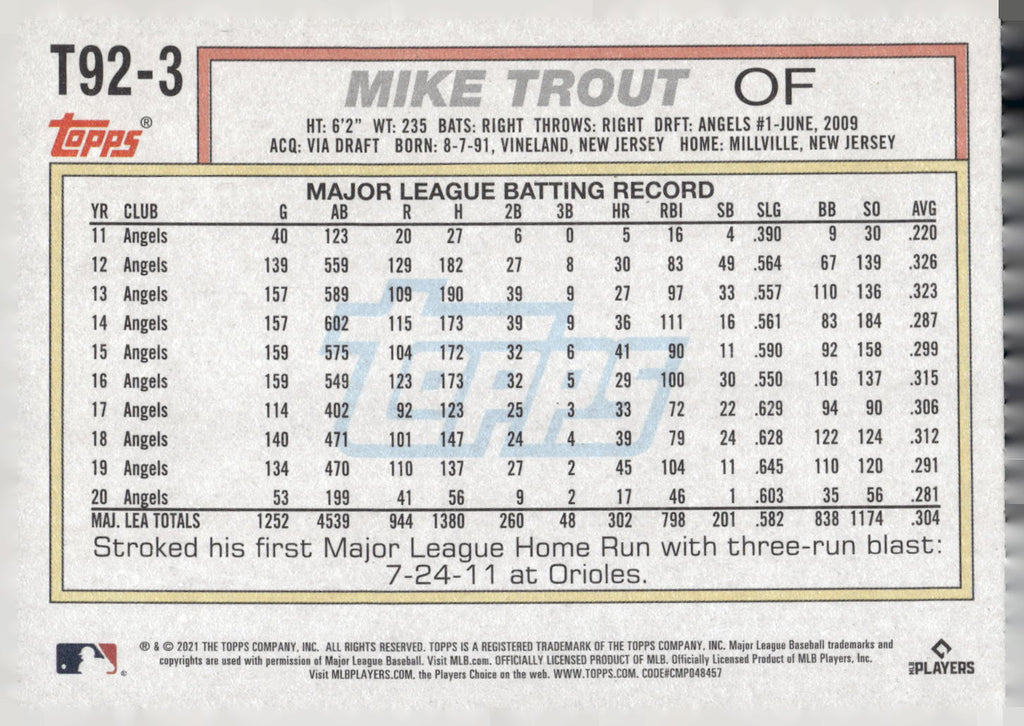 2021 Topps Update #T92-3 Mike Trout 1992 Topps Redux