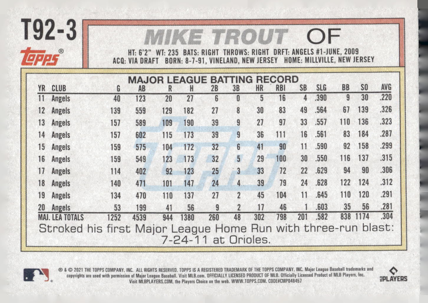 2021 Topps Update #T92-3 Mike Trout 1992 Topps Redux