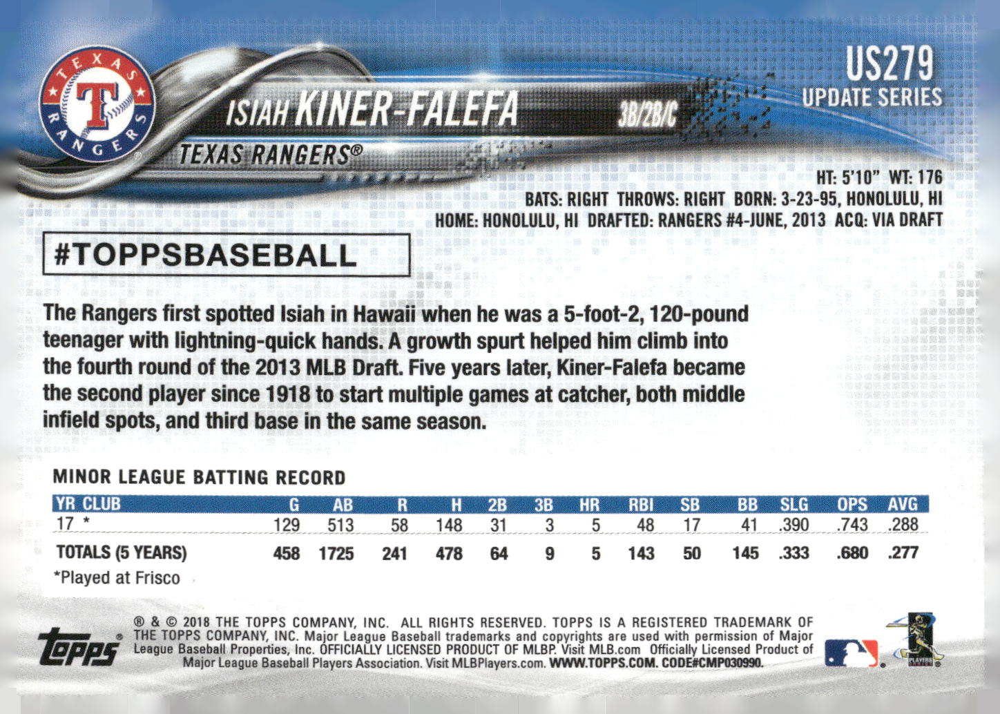 2018 Topps Update #US279 Isiah Kiner-Falefa