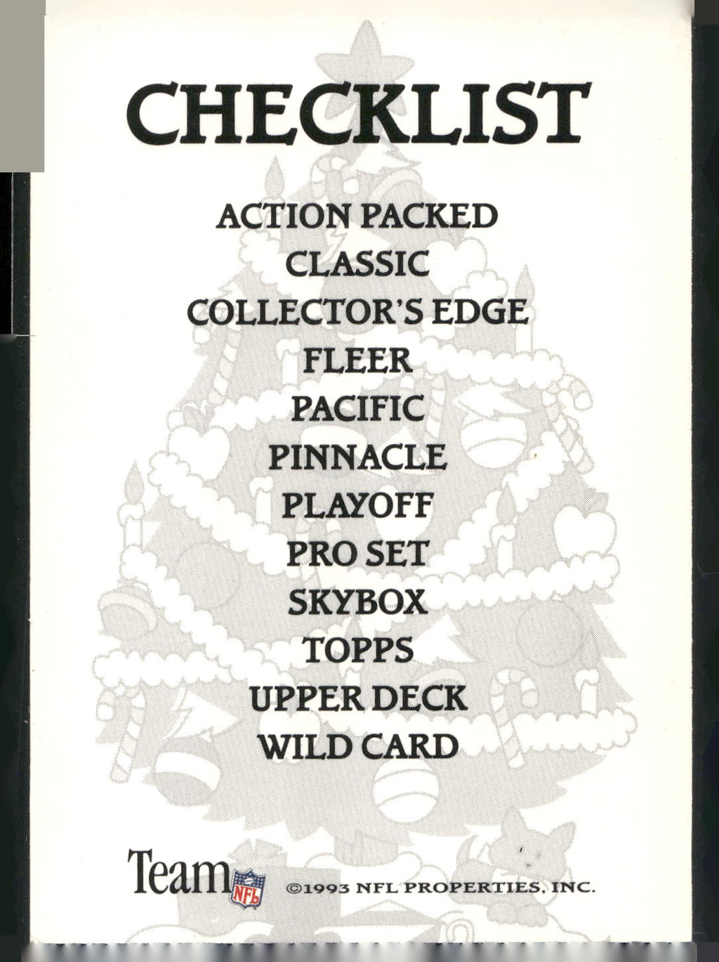 1993 NFL Properties Christmas #NNO NFL Properties Checklist
