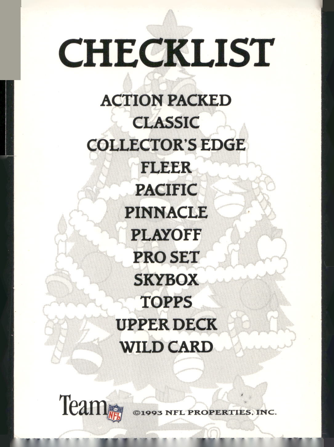 1993 NFL Properties Christmas #NNO NFL Properties Checklist