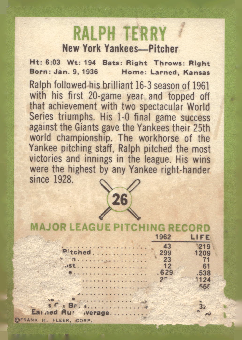 1963 Fleer #26 Ralph Terry