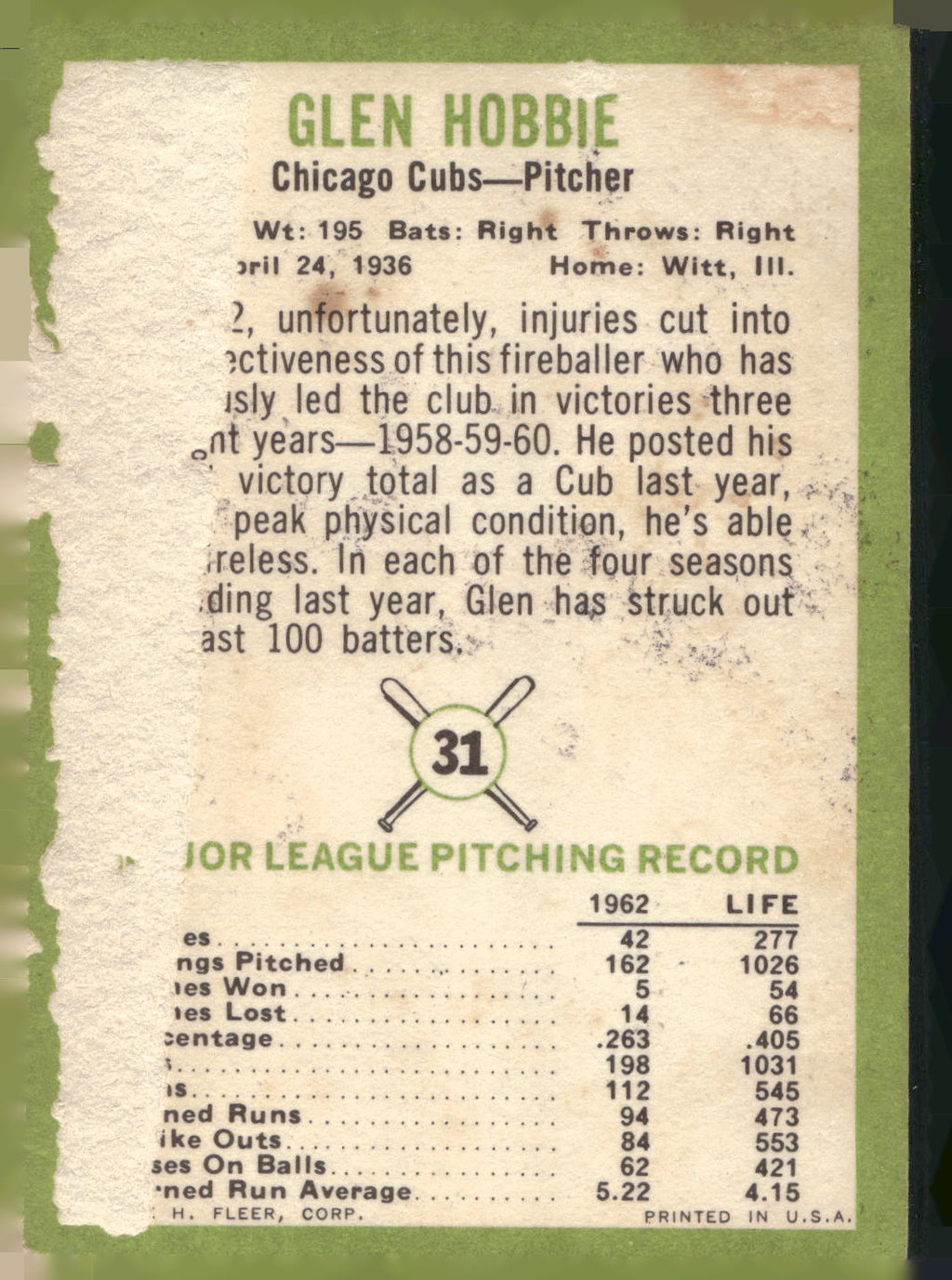 1963 Fleer #31 Glen Hobbie