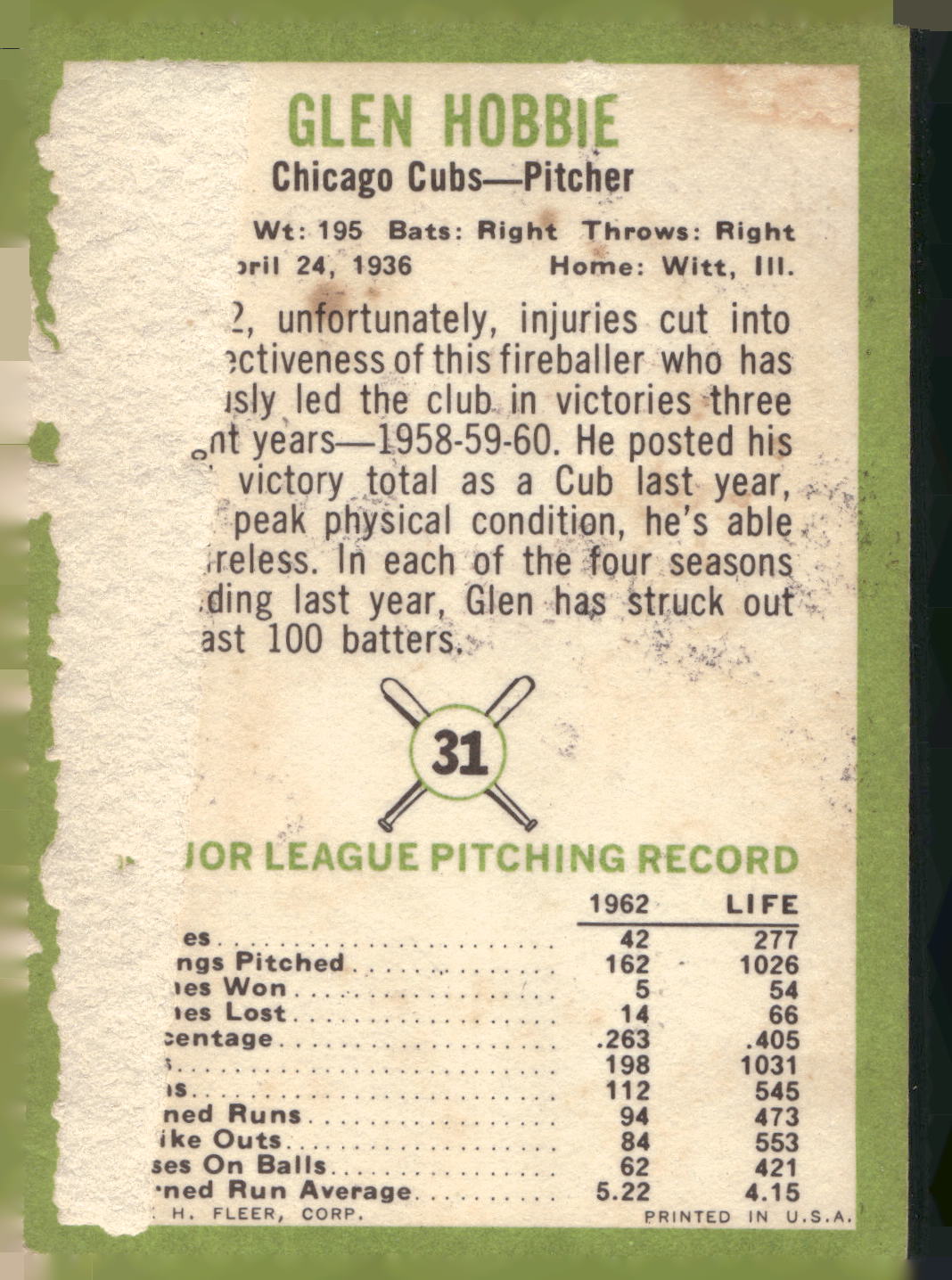 1963 Fleer #31 Glen Hobbie