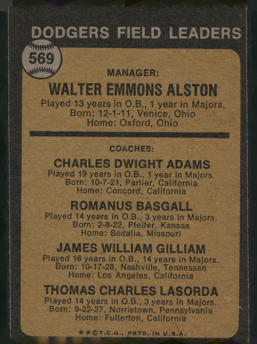 1973 Topps #569 Walt Alston Red Adams Monty Basgall Jim Gilliam Tom Lasorda