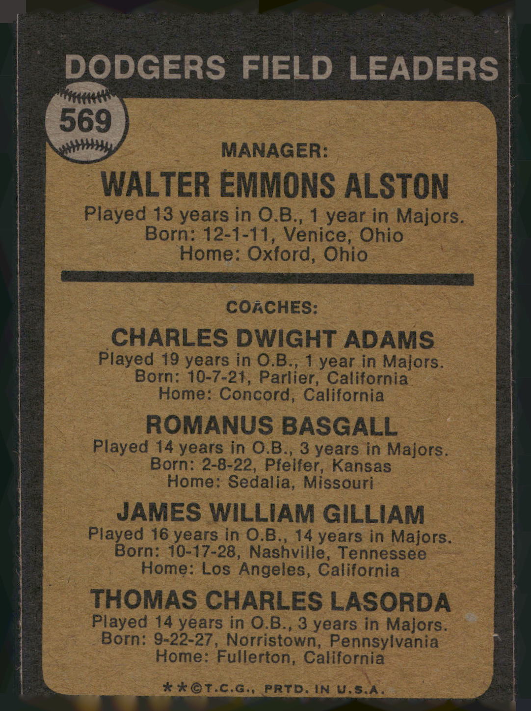 1973 Topps #569 Walt Alston Red Adams Monty Basgall Jim Gilliam Tom Lasorda