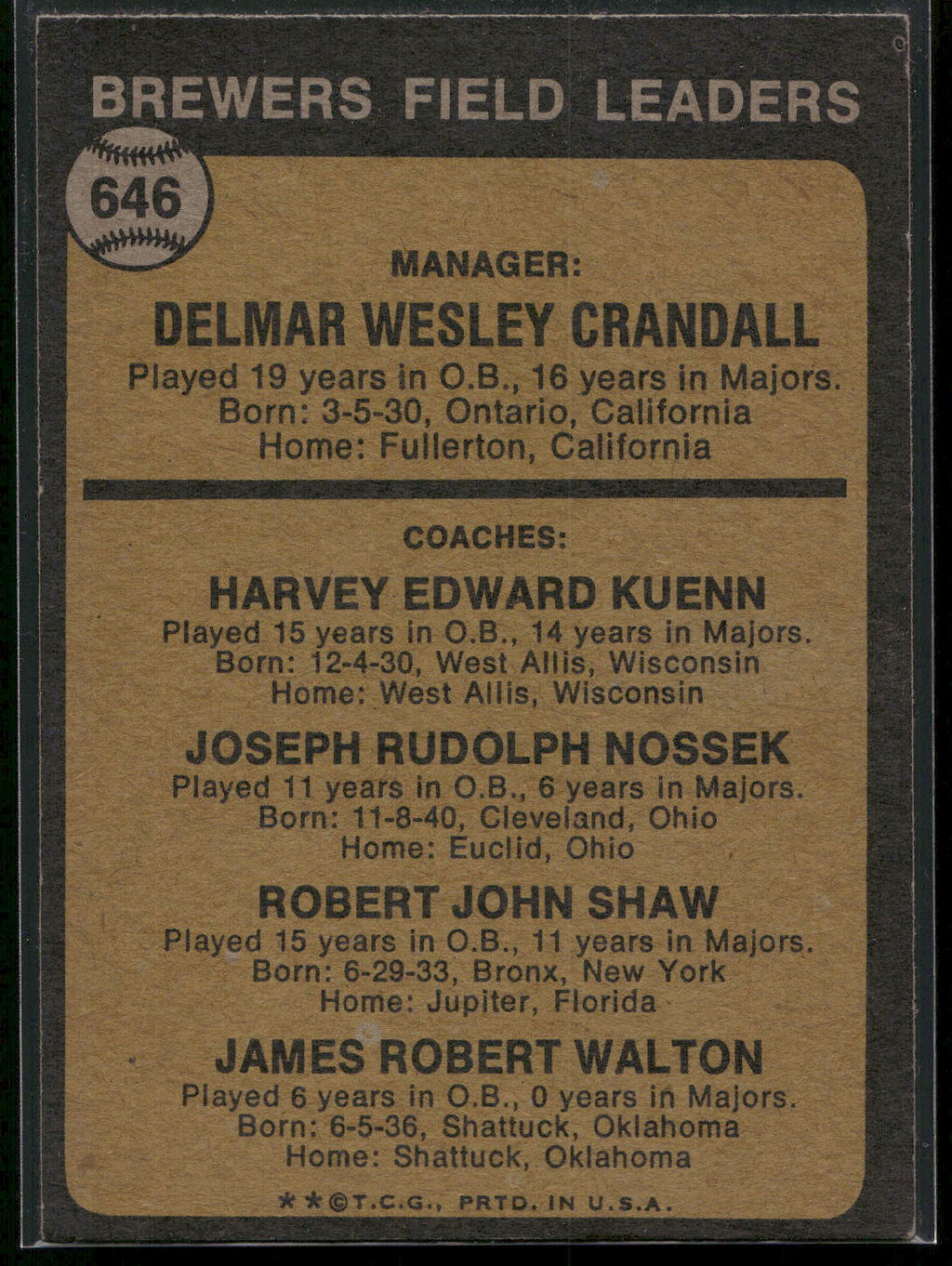 1973 Topps #646 Del Crandall Harvey Kuenn Joe Nossek Bob Shaw Jim Walton