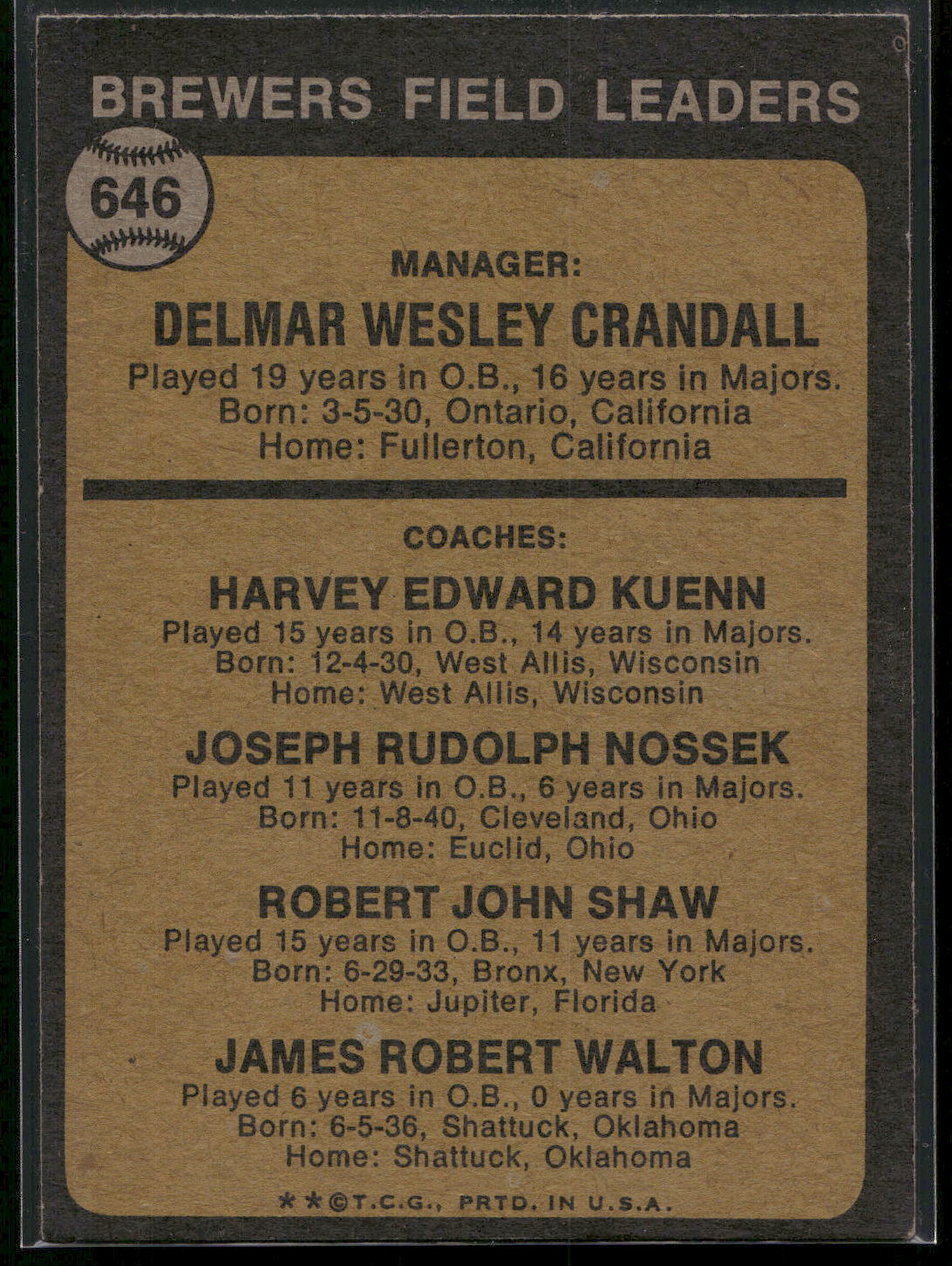 1973 Topps #646 Del Crandall Harvey Kuenn Joe Nossek Bob Shaw Jim Walton