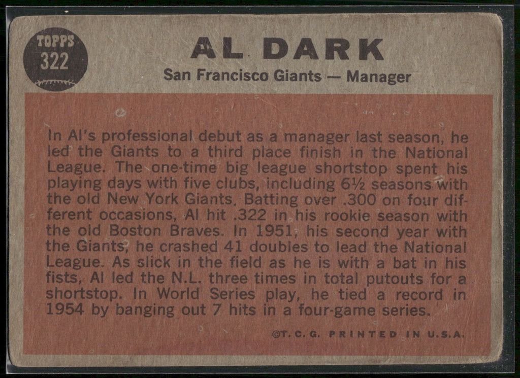 1962 Topps #322 Al Dark