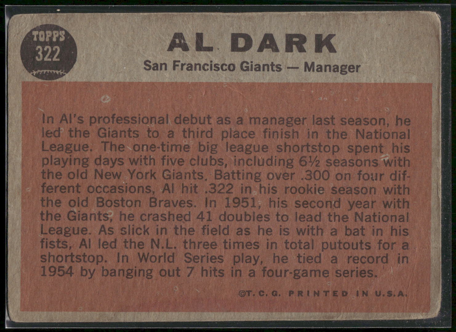 1962 Topps #322 Al Dark