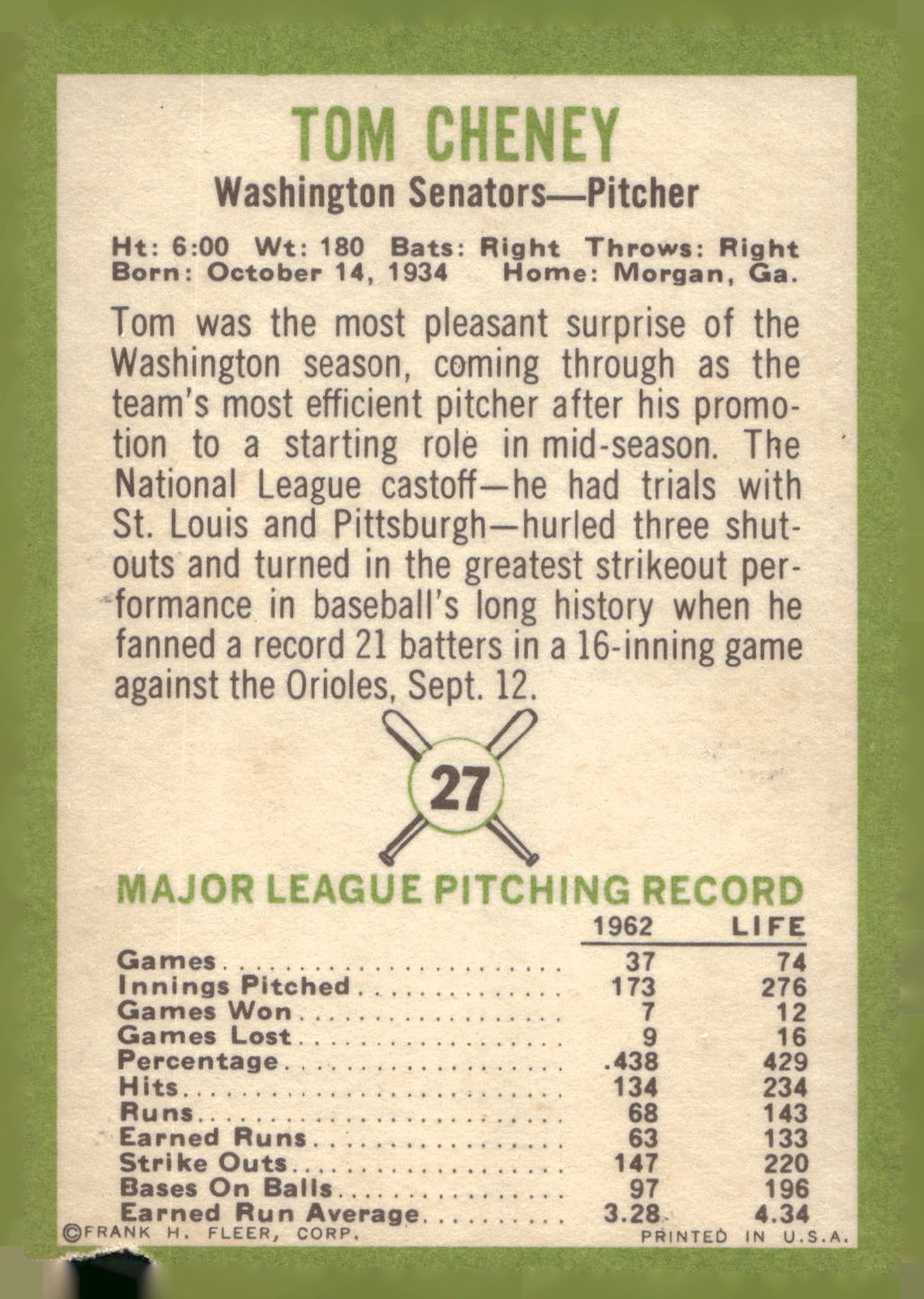 1963 Fleer #27 Tom Cheney