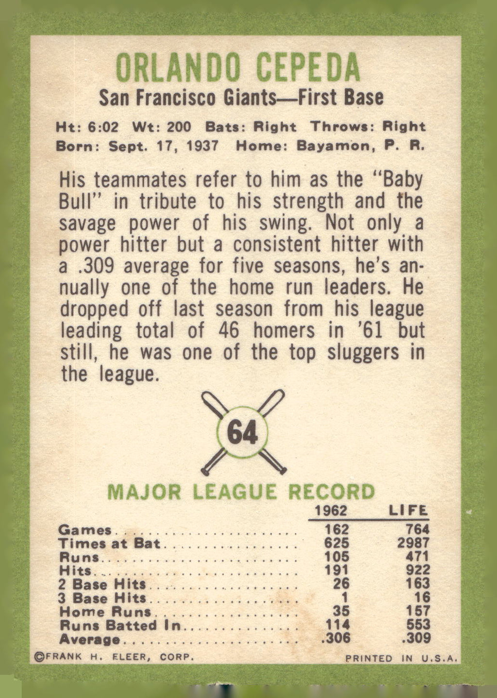 1963 Fleer #64 Orlando Cepeda