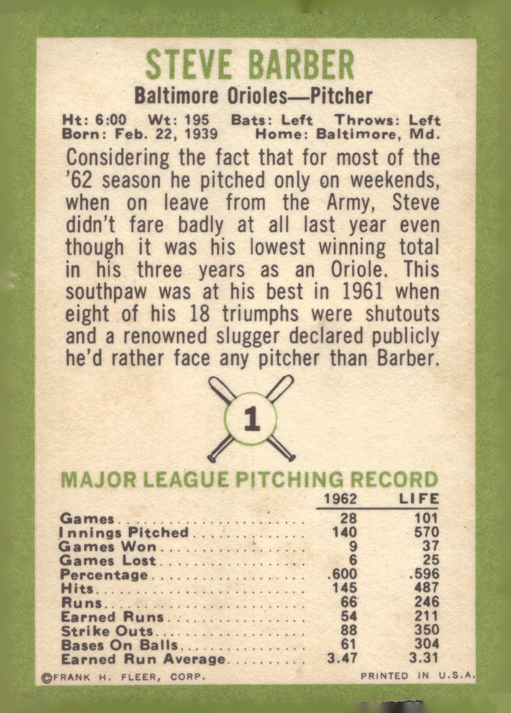1963 Fleer #1 Steve Barber