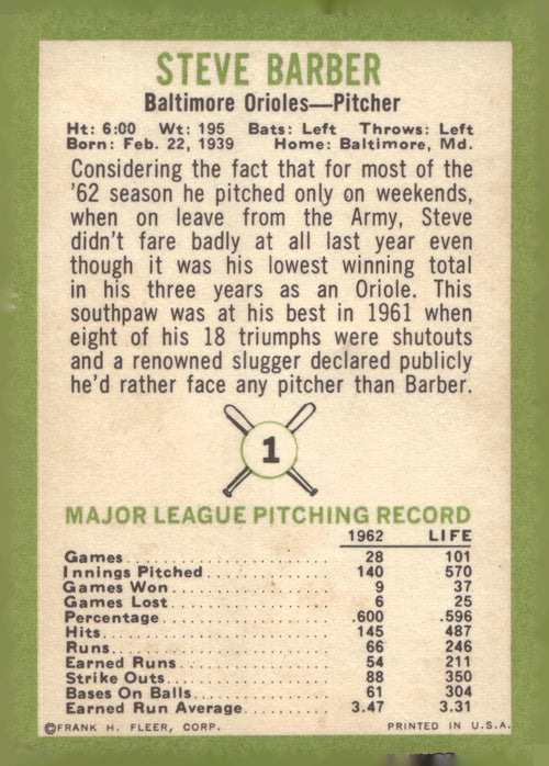 1963 Fleer #1 Steve Barber