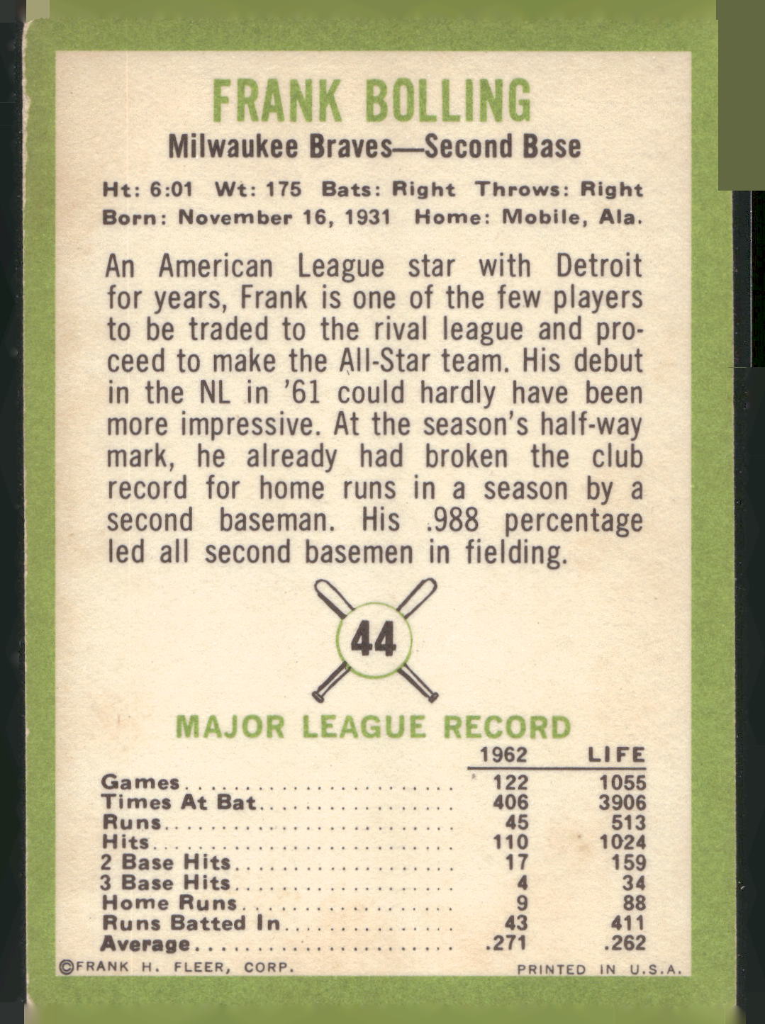 1963 Fleer #44 Frank Bolling