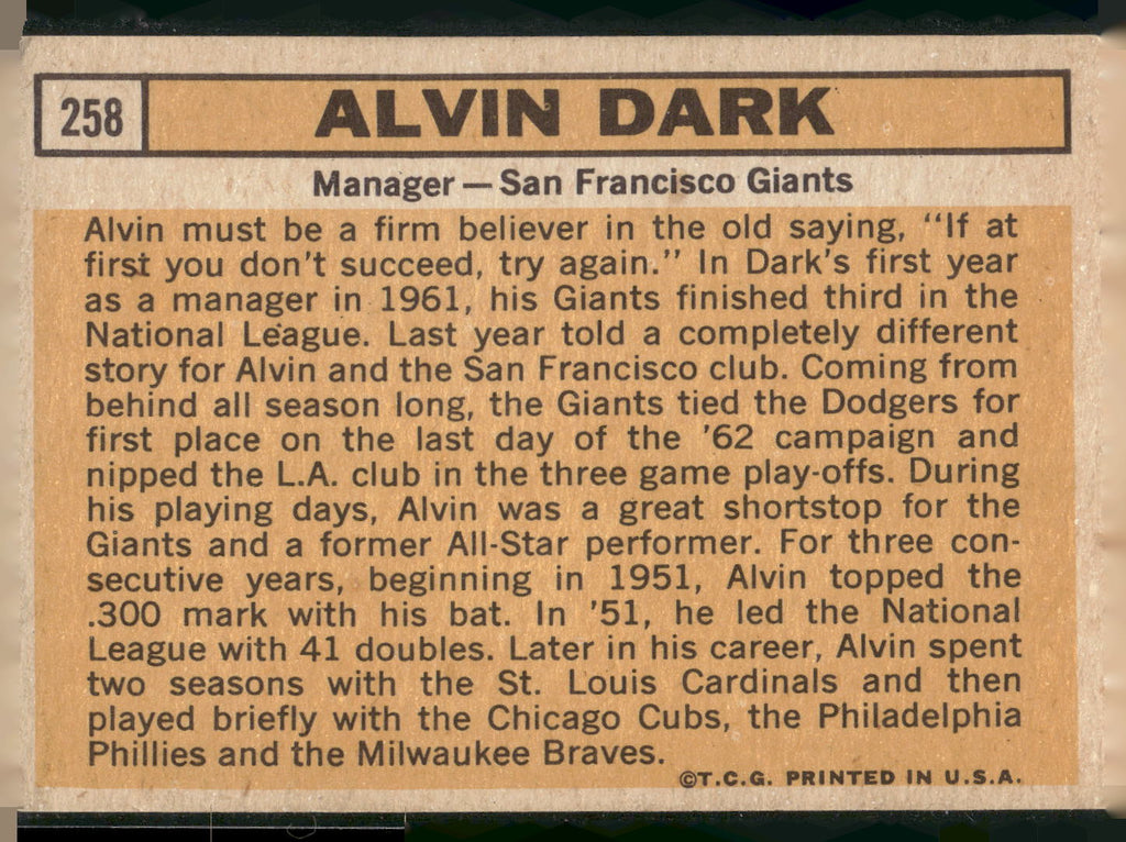 1963 Topps #258 Alvin Dark