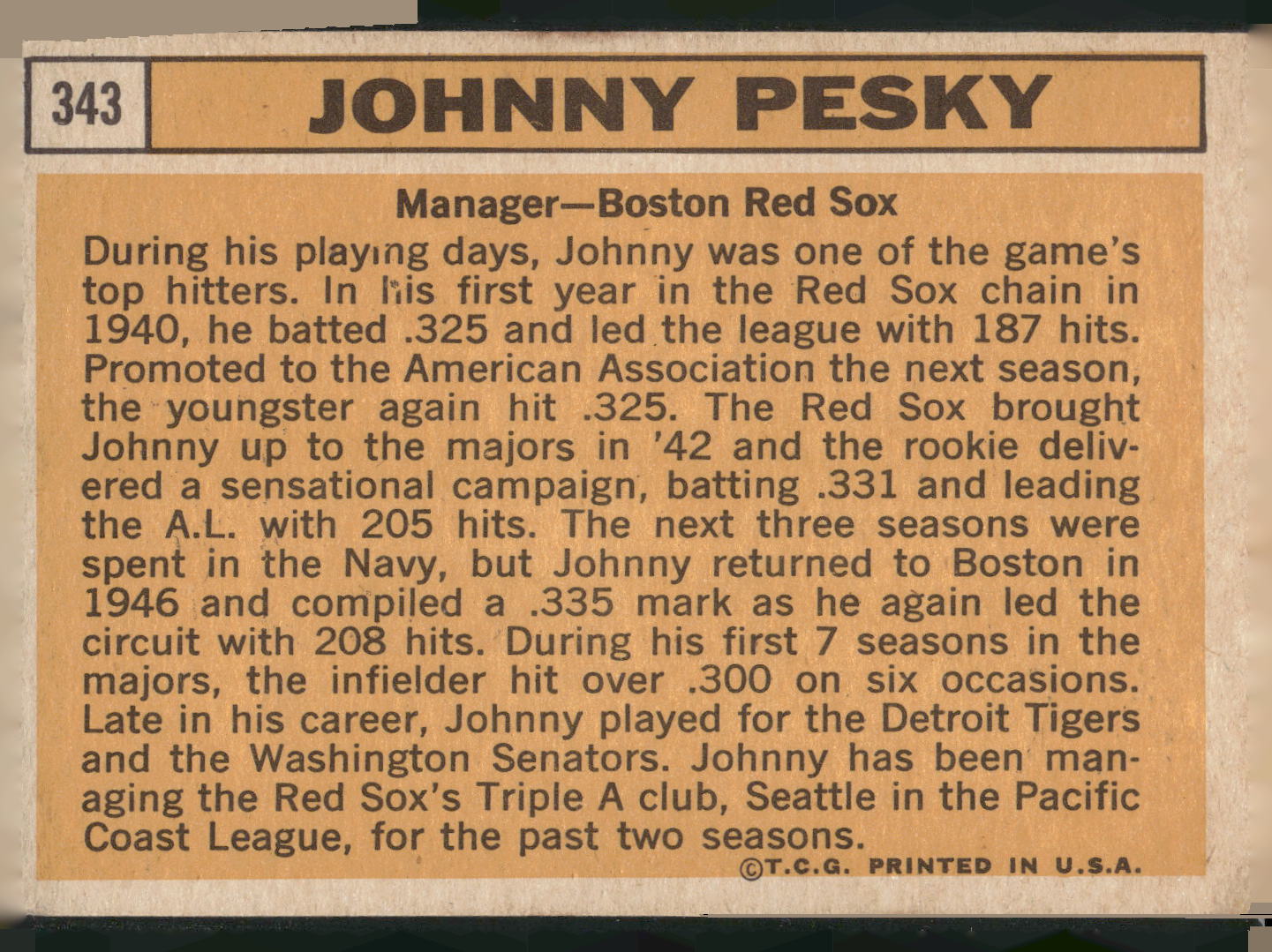 1963 Topps #343 Johnny Pesky