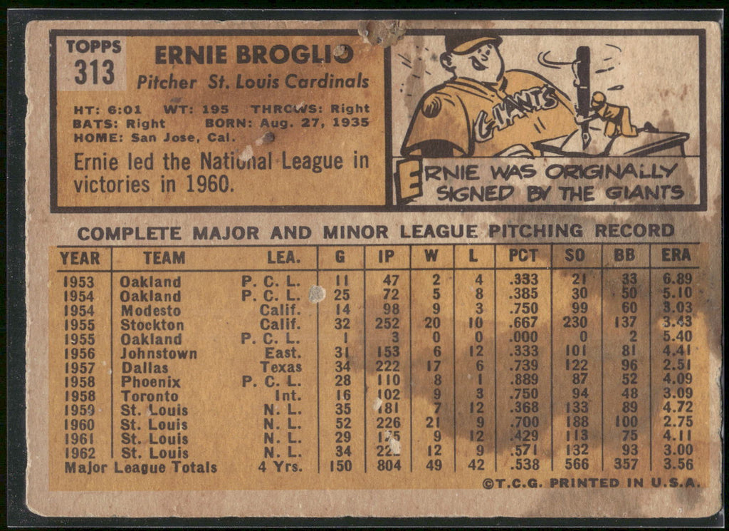 1963 Topps #313 Ernie Broglio
