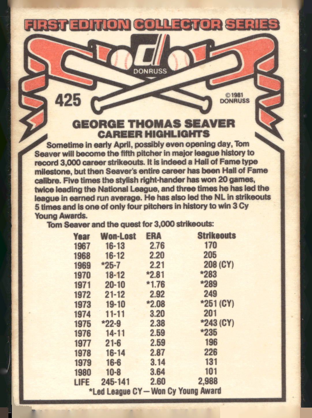 1981 Donruss #425 Tom Seaver
