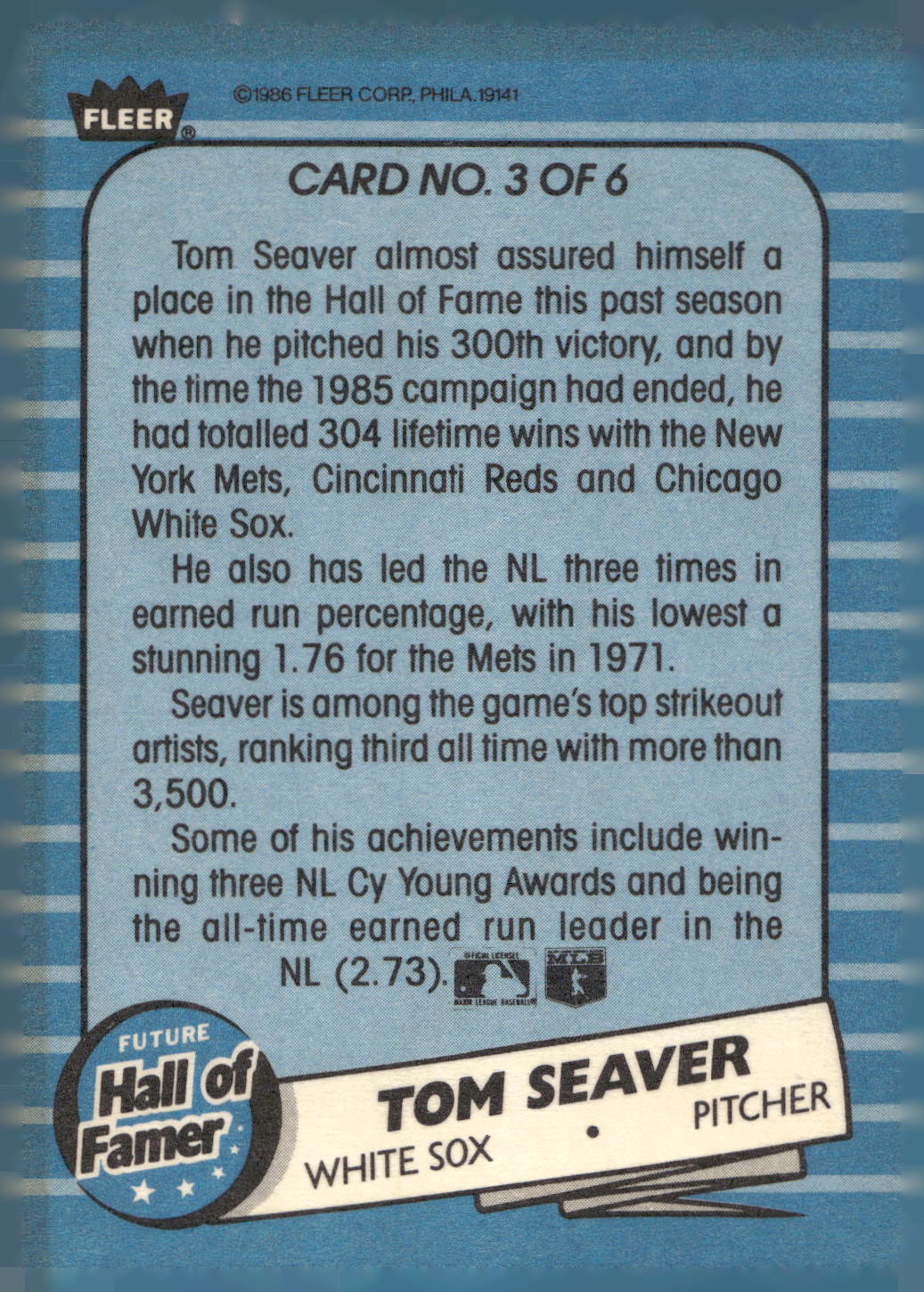 1986 Fleer #3 Tom Seaver Future Hall of Famers