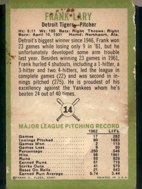 1963 Fleer #14 Frank Lary