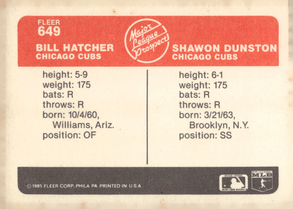 1985 Fleer #649 Bill Hatcher / Shawon Dunston
