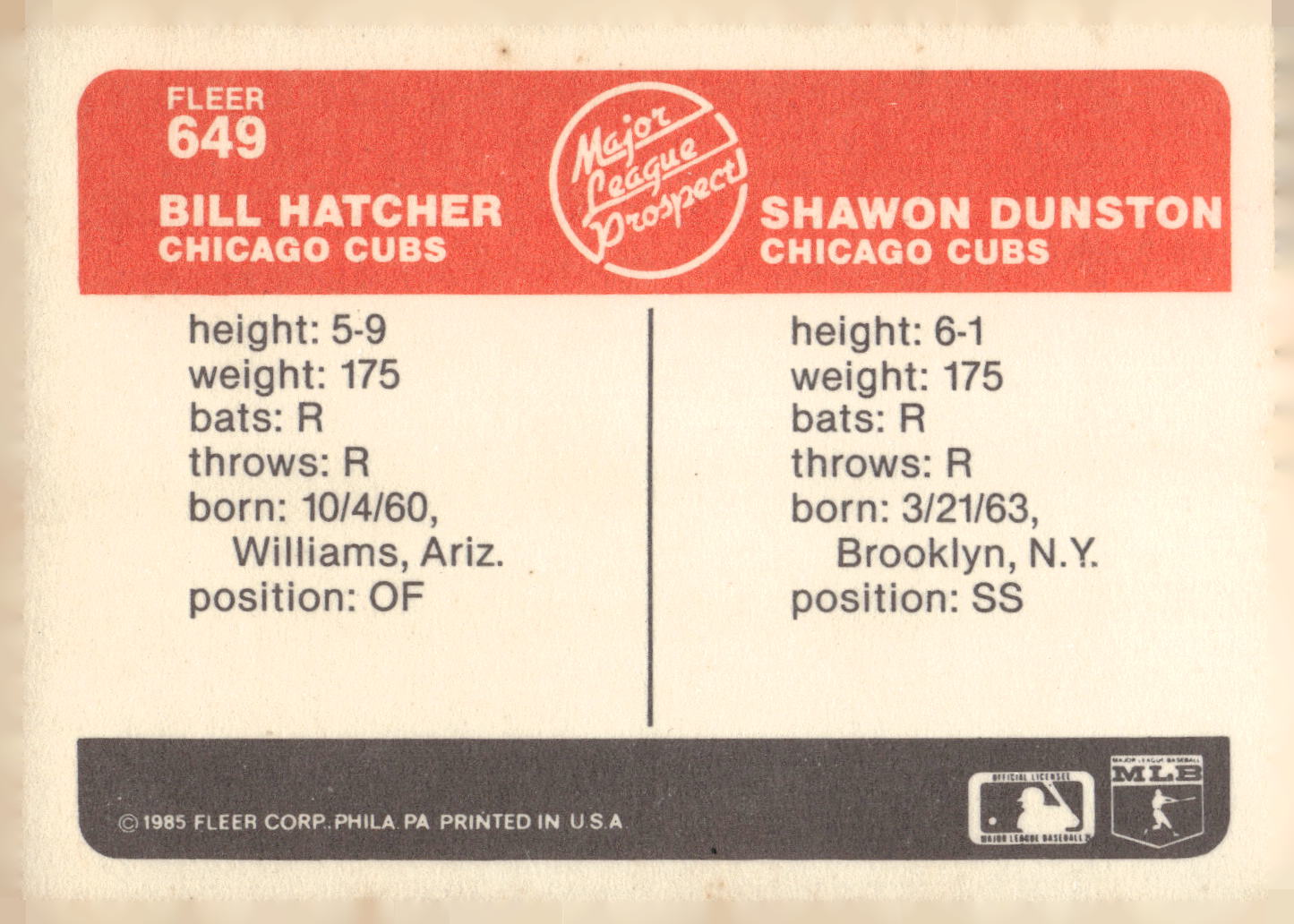 1985 Fleer #649 Bill Hatcher / Shawon Dunston