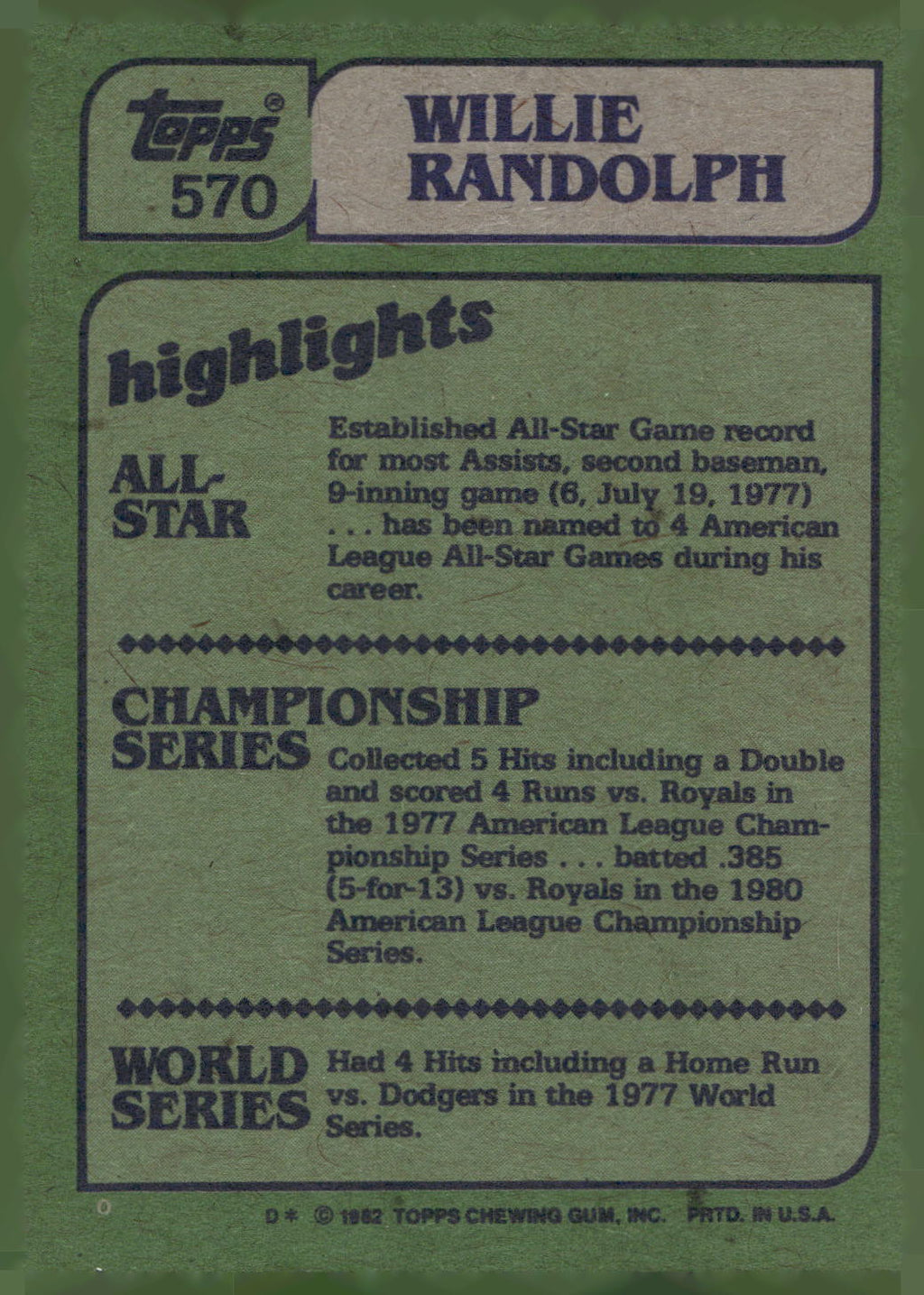 1982 Topps #570 Willie Randolph
