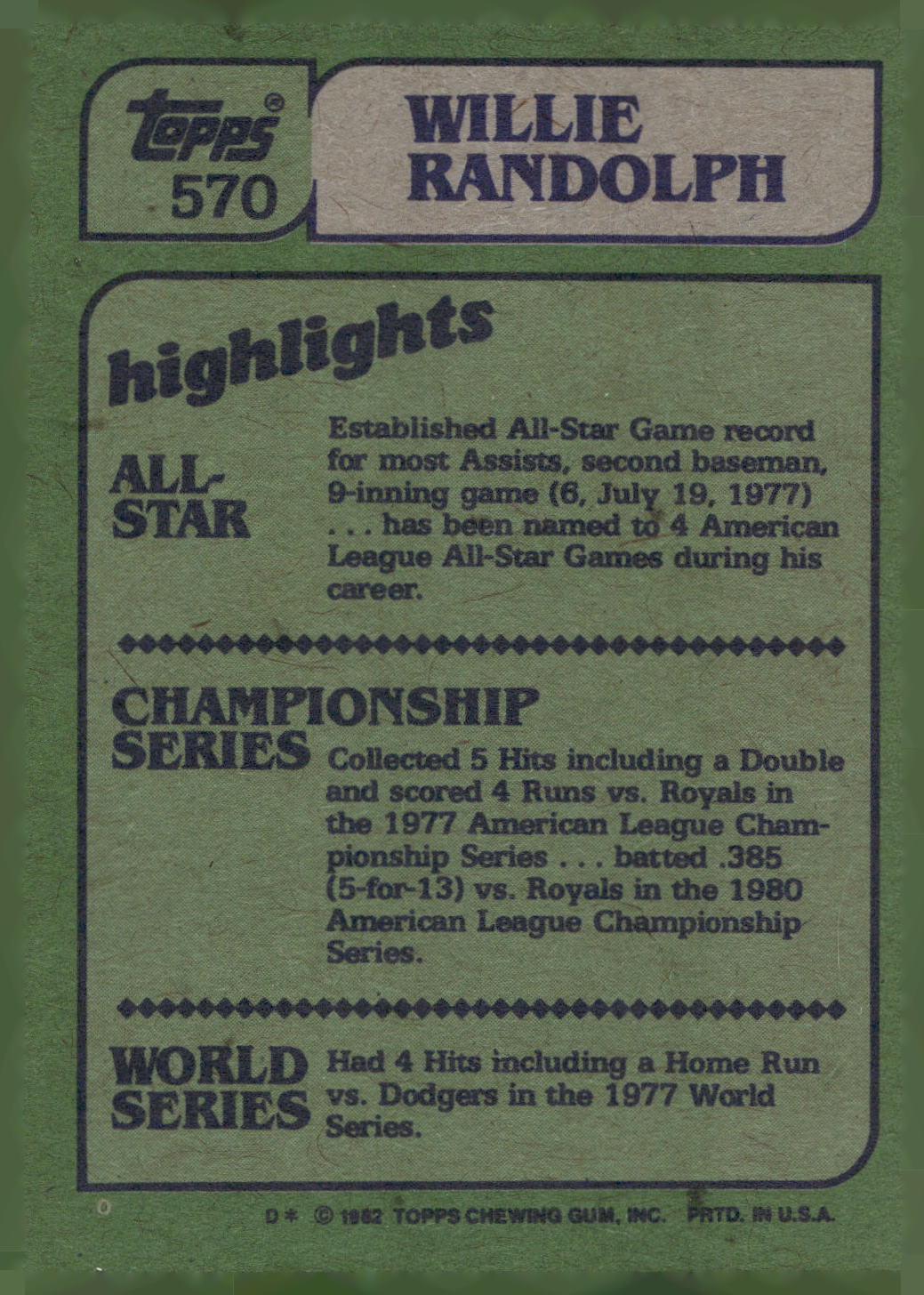 1982 Topps #570 Willie Randolph