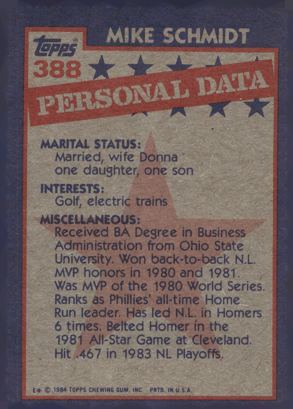 1984 Topps #388 Mike Schmidt