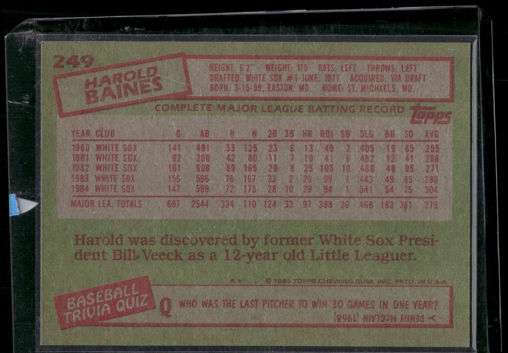 1985 Topps #249 Harold Baines