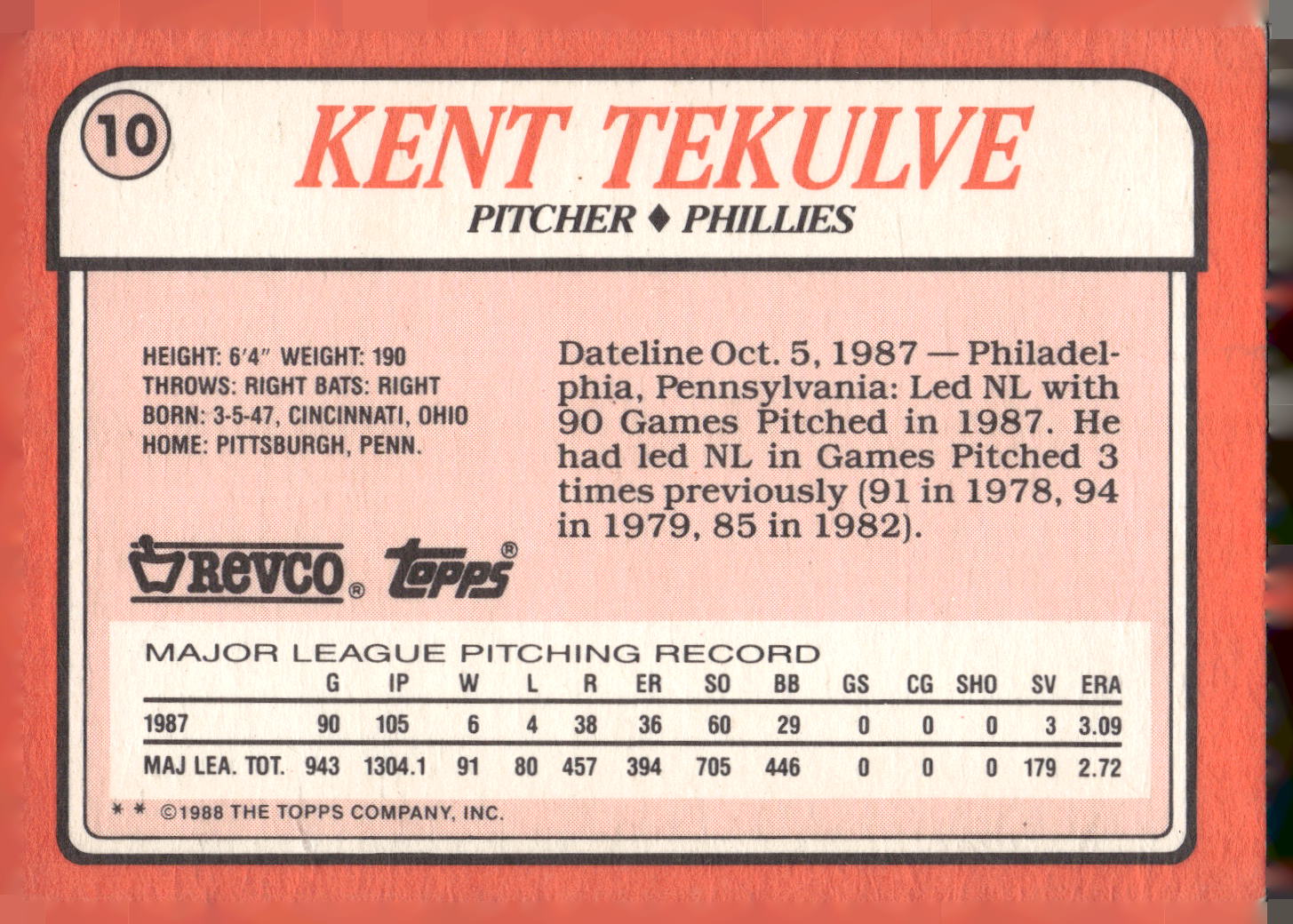 1988 Topps Revco League Leaders #10 Kent Tekulve
