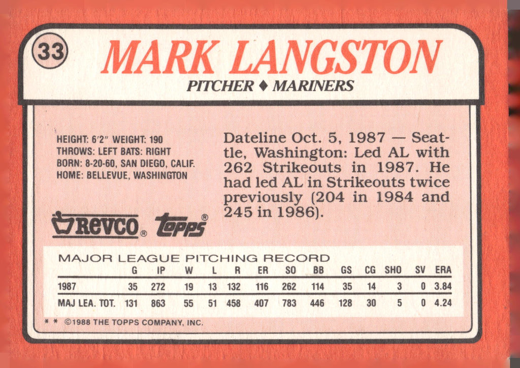 1988 Topps Revco League Leaders #33 Mark Langston