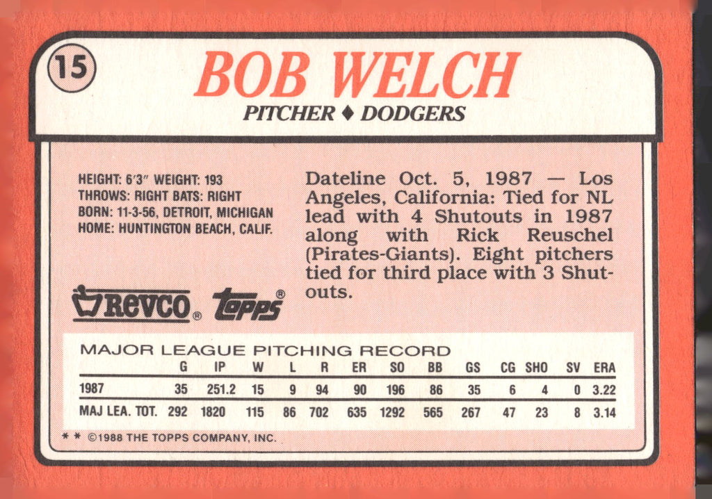 1988 Topps Revco League Leaders #15 Bob Welch
