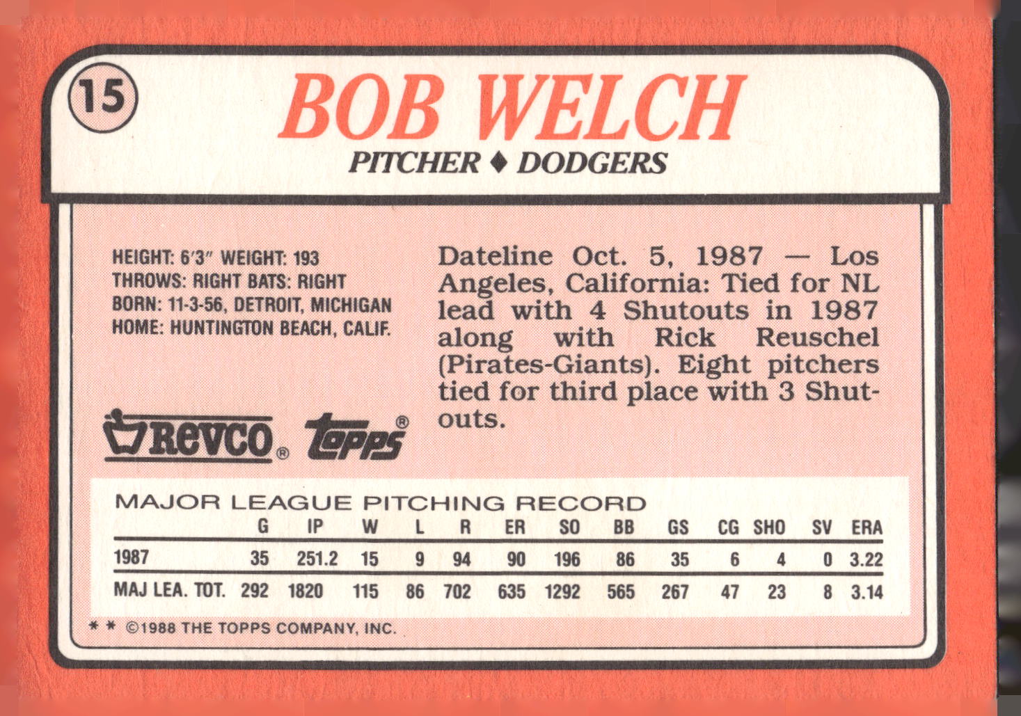 1988 Topps Revco League Leaders #15 Bob Welch