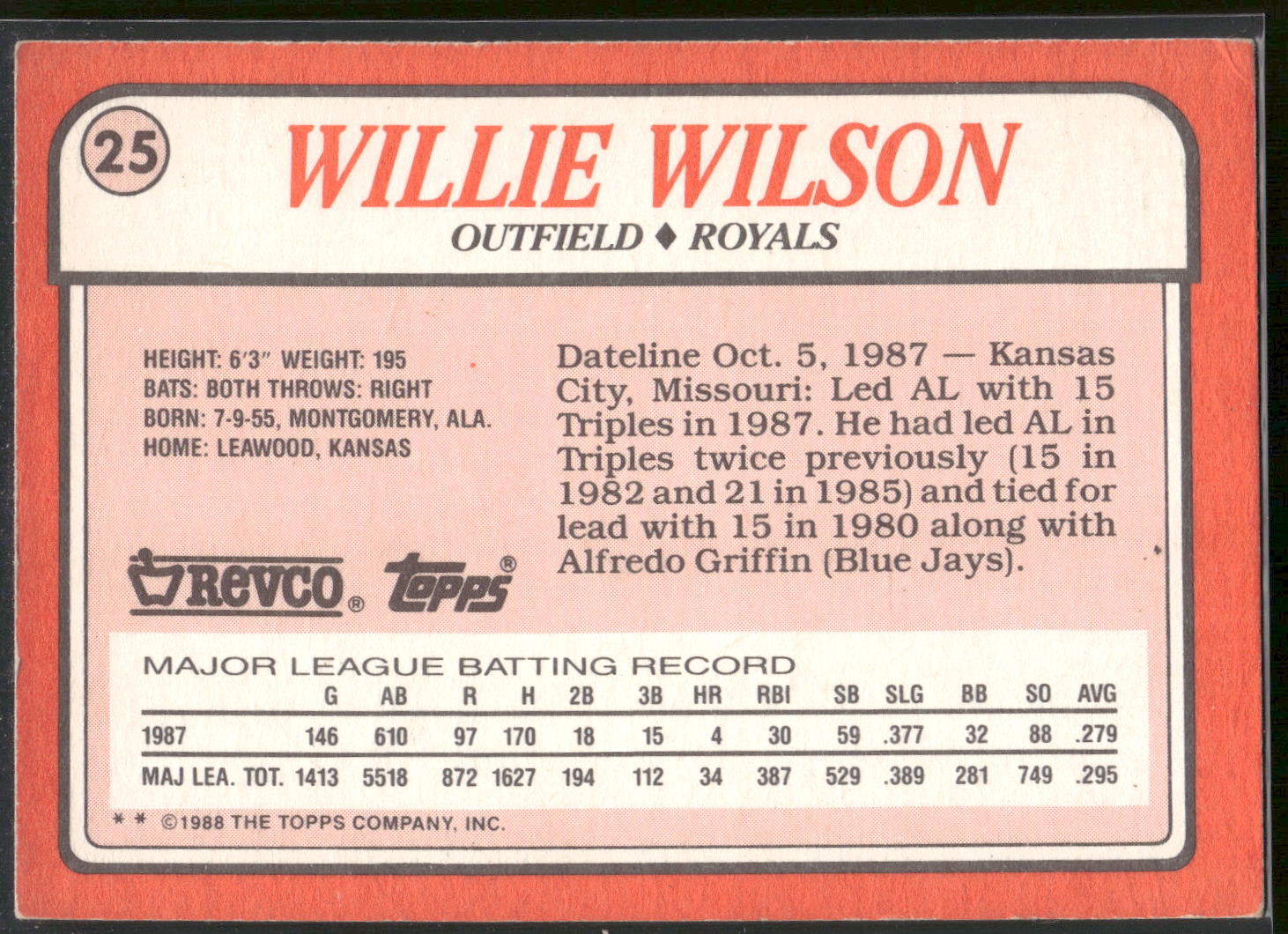 1988 Topps Revco League Leaders #25 Willie Wilson