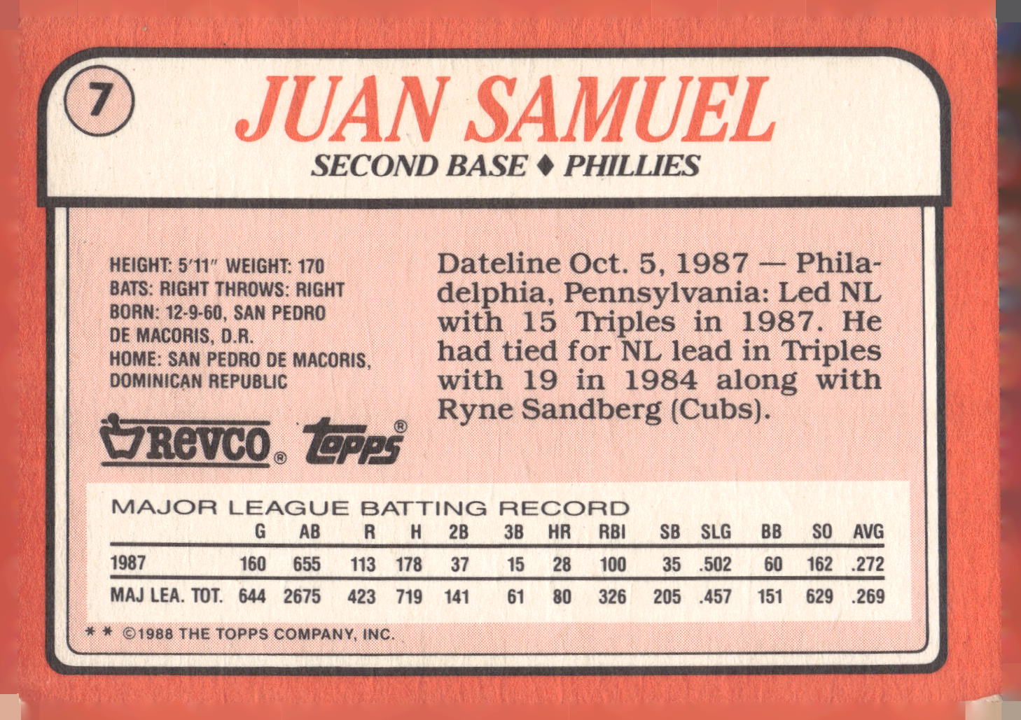 1988 Topps Revco League Leaders #7 Juan Samuel