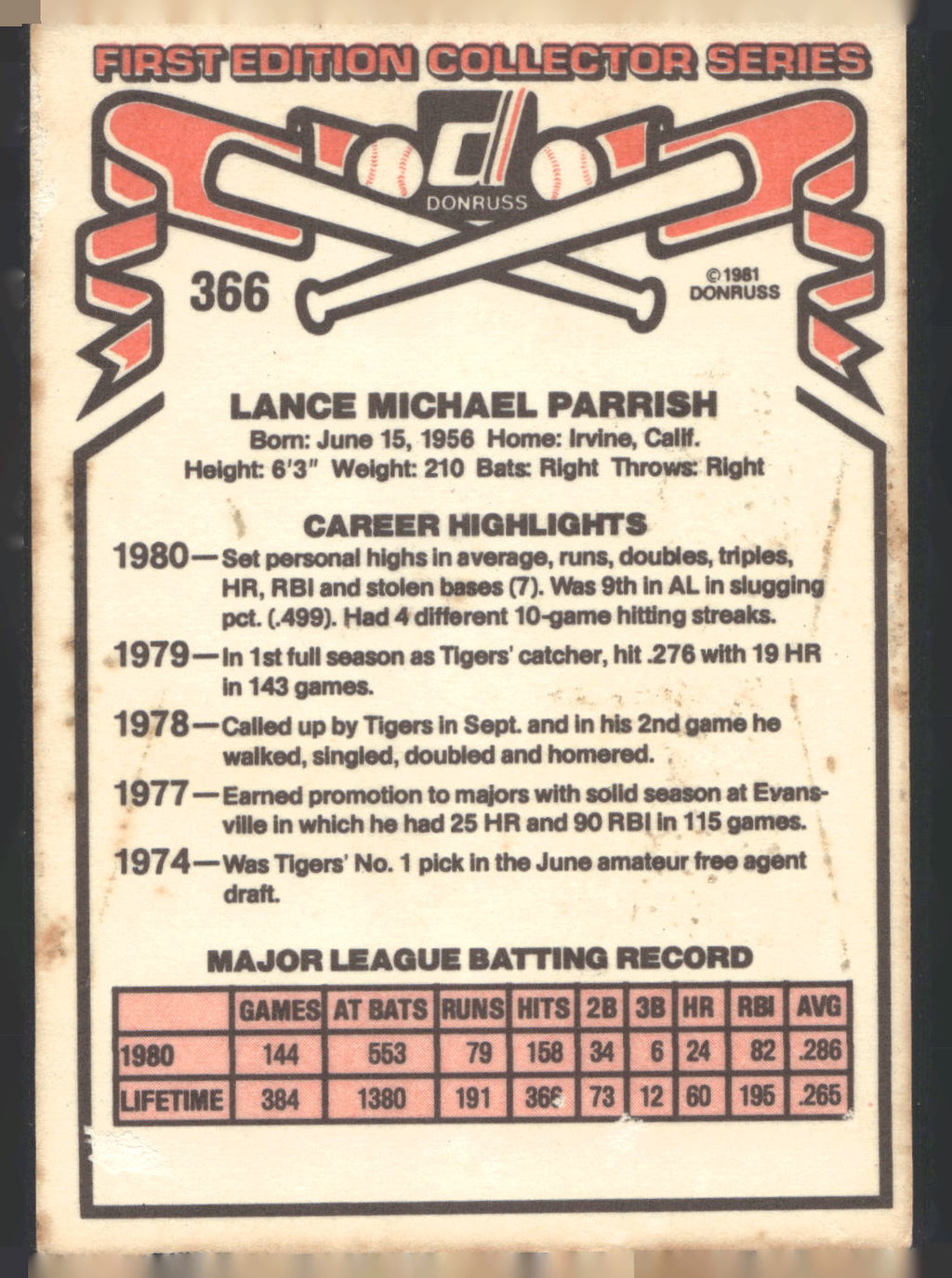 1981 Donruss #366 Lance Parrish