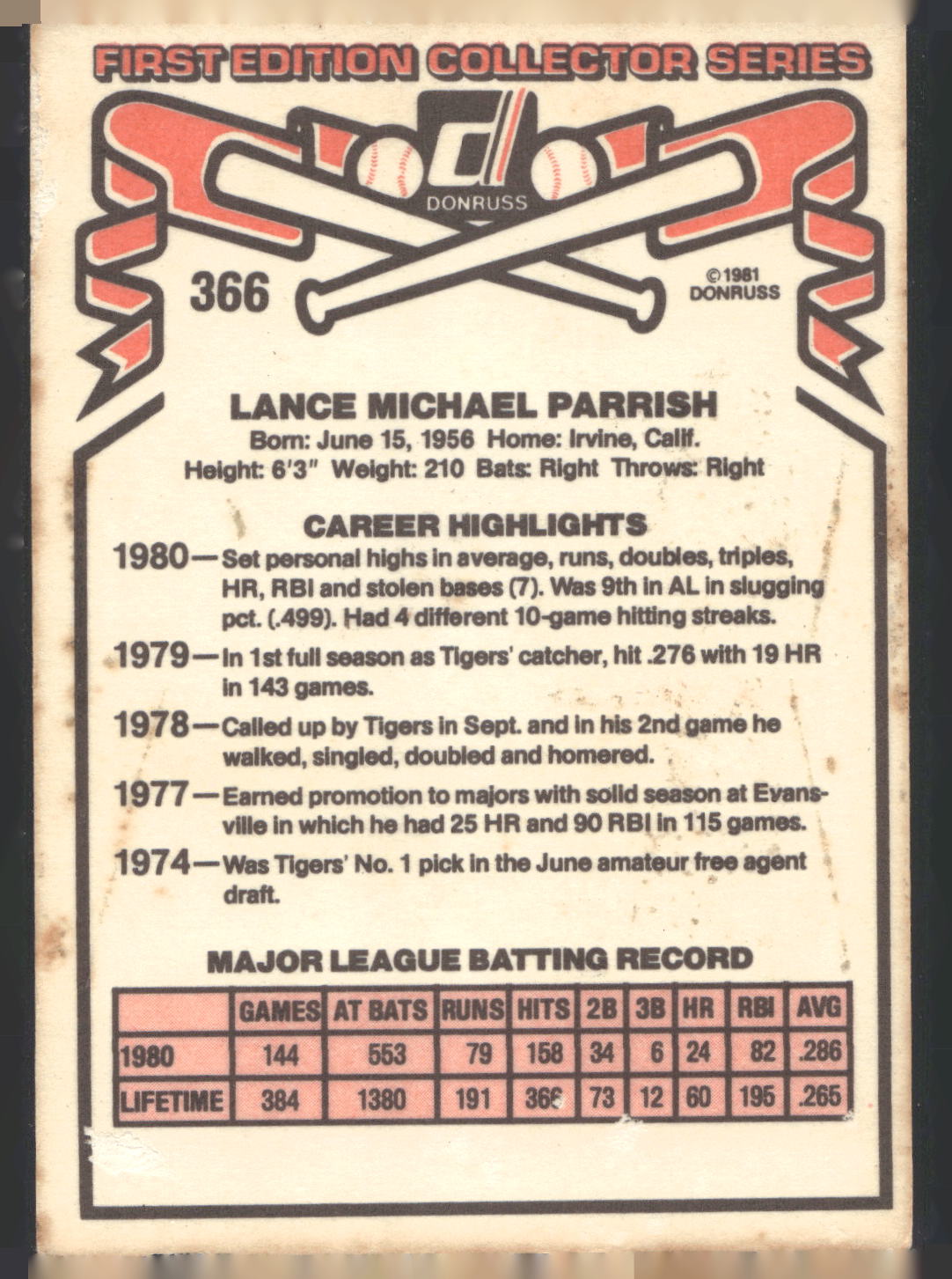1981 Donruss #366 Lance Parrish