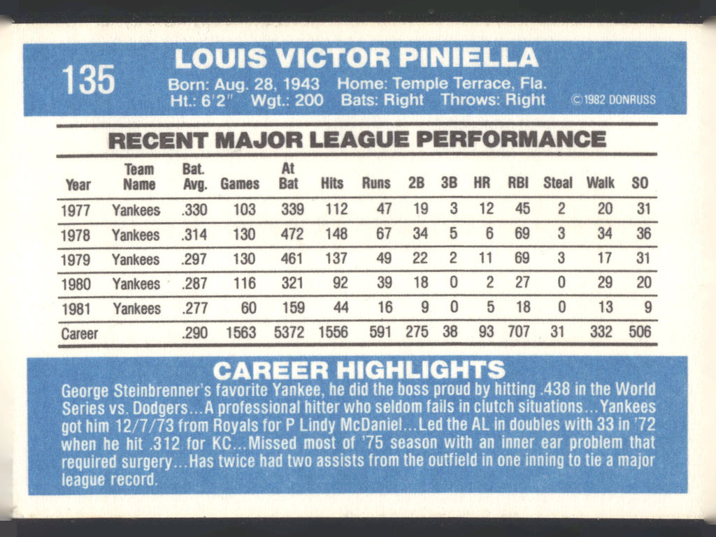 1982 Donruss #135 Lou Piniella