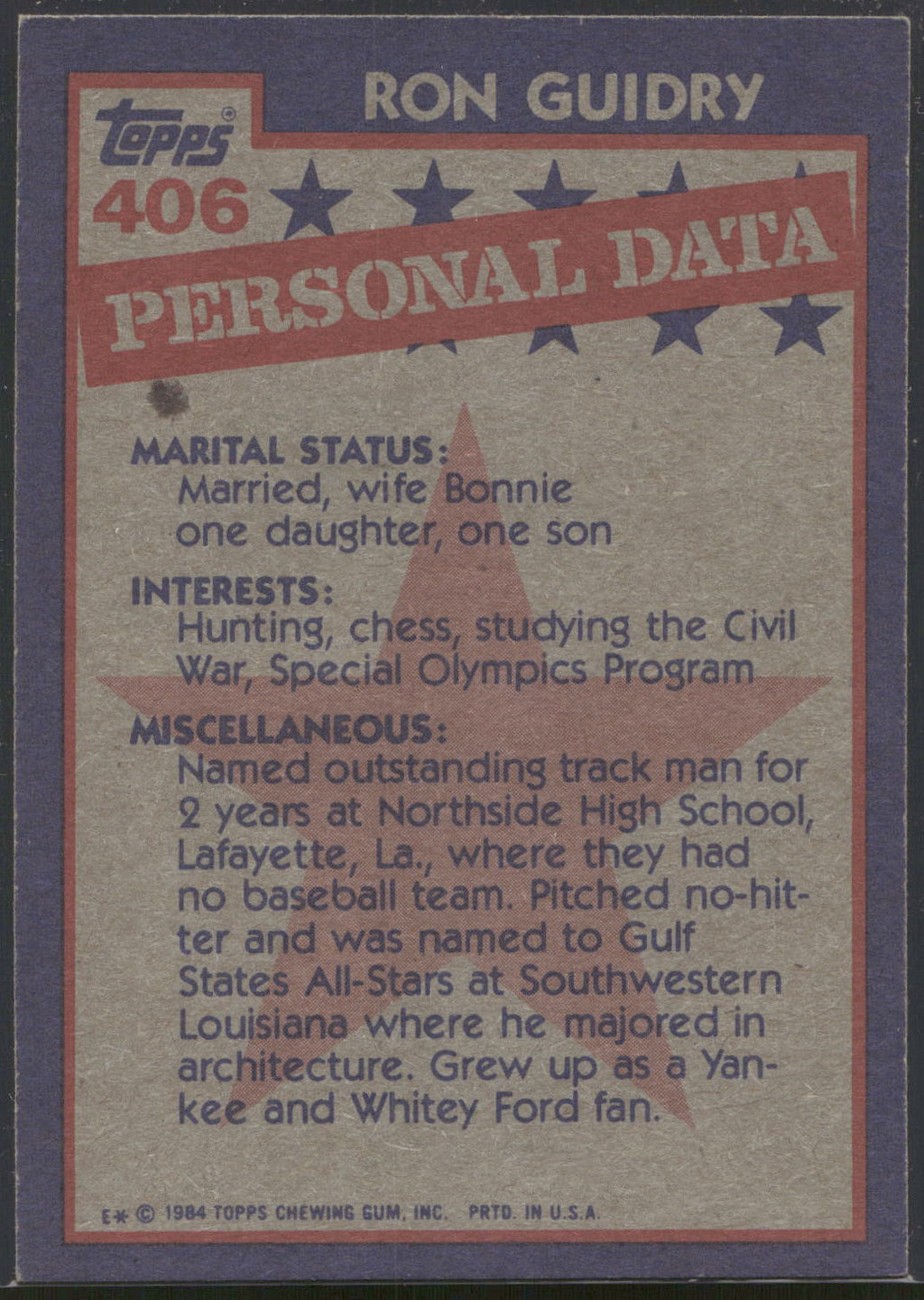 1984 Topps #406 Ron Guidry