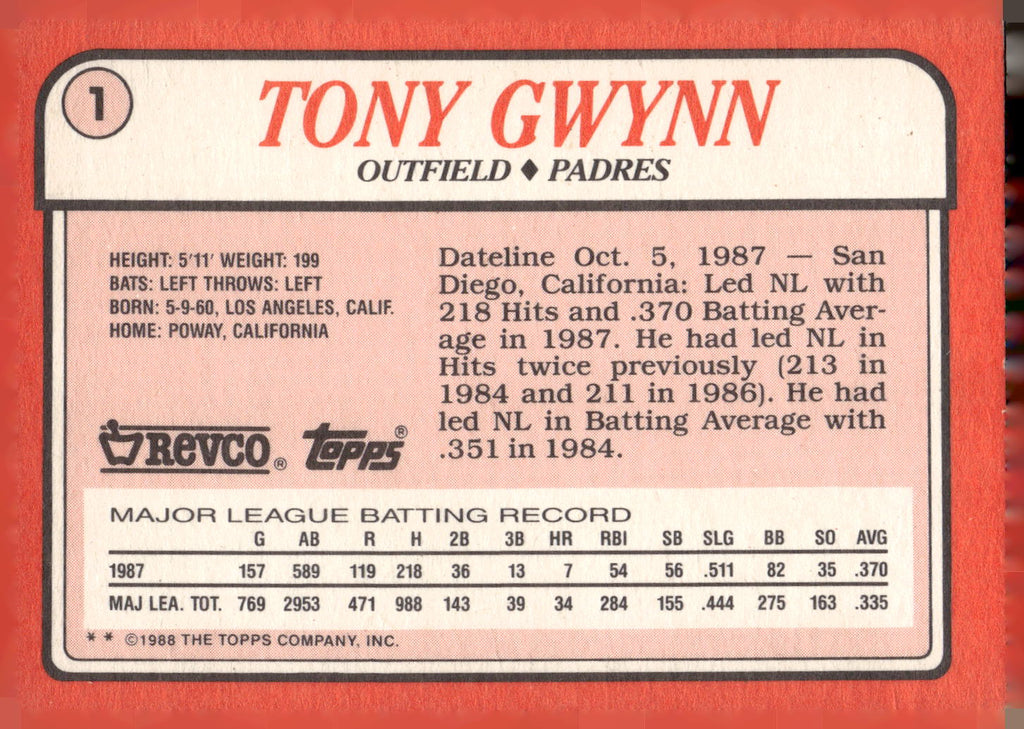1988 Topps Revco League Leaders #1 Tony Gwynn