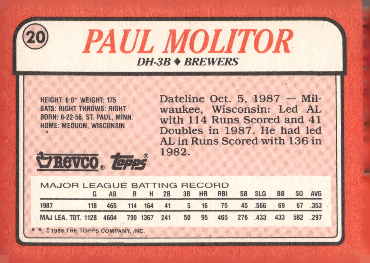 1988 Topps Revco League Leaders #20 Paul Molitor