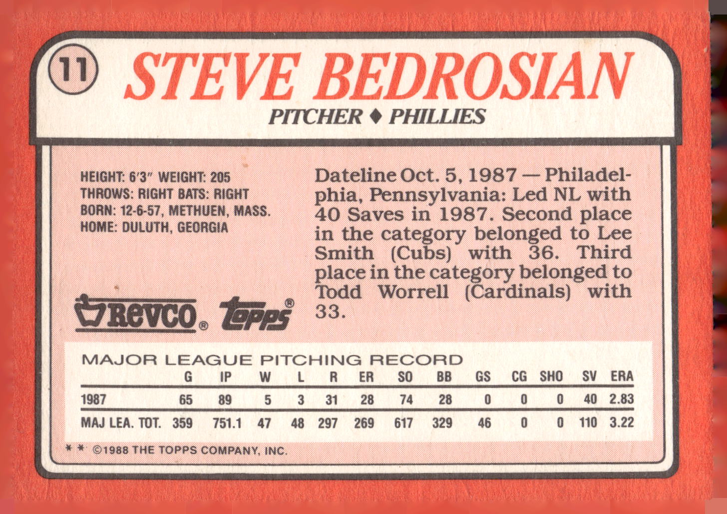 1988 Topps Revco League Leaders #11 Steve Bedrosian